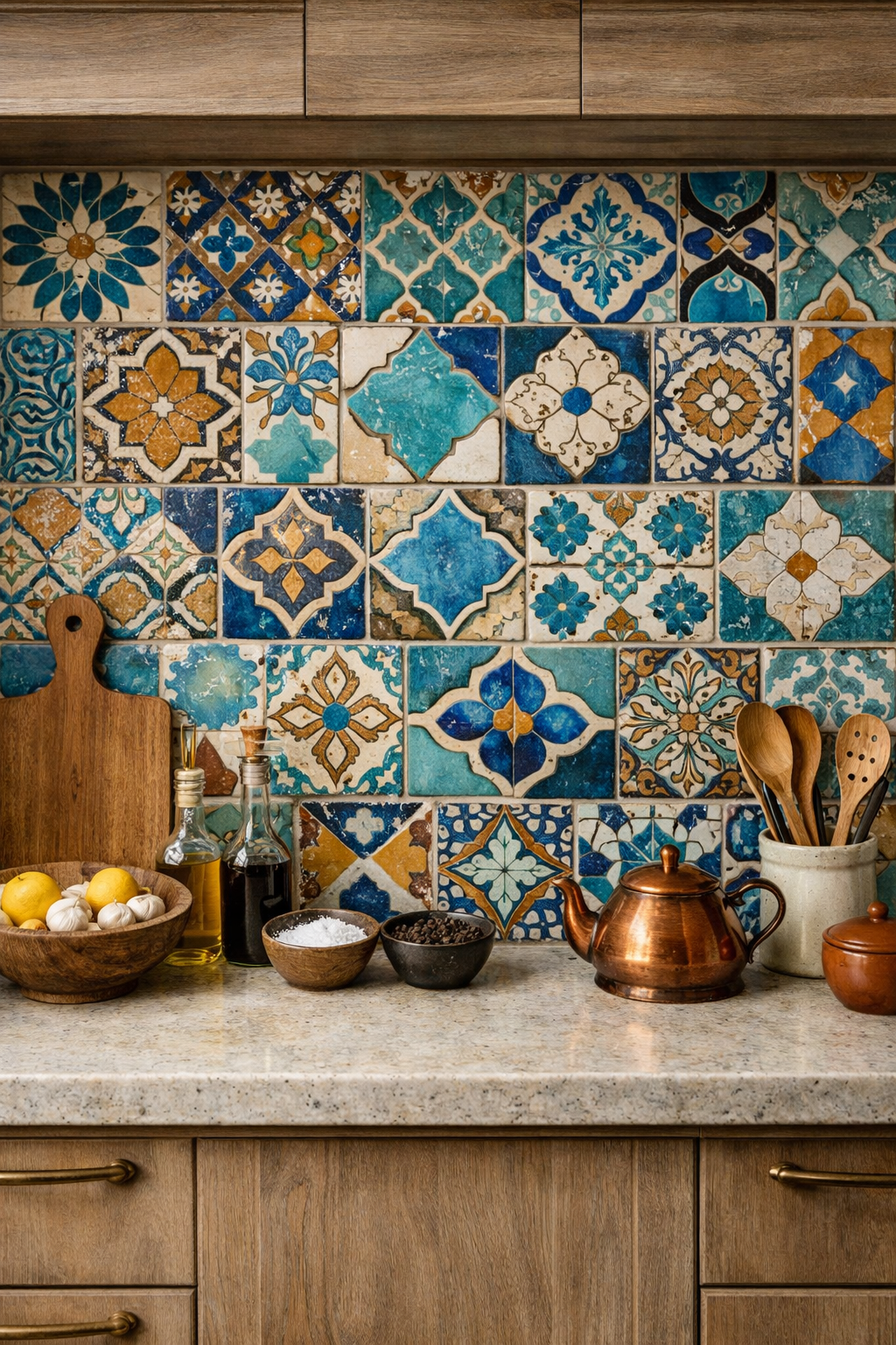 Colorful mosaic tiles serving as a kitchen backsplash