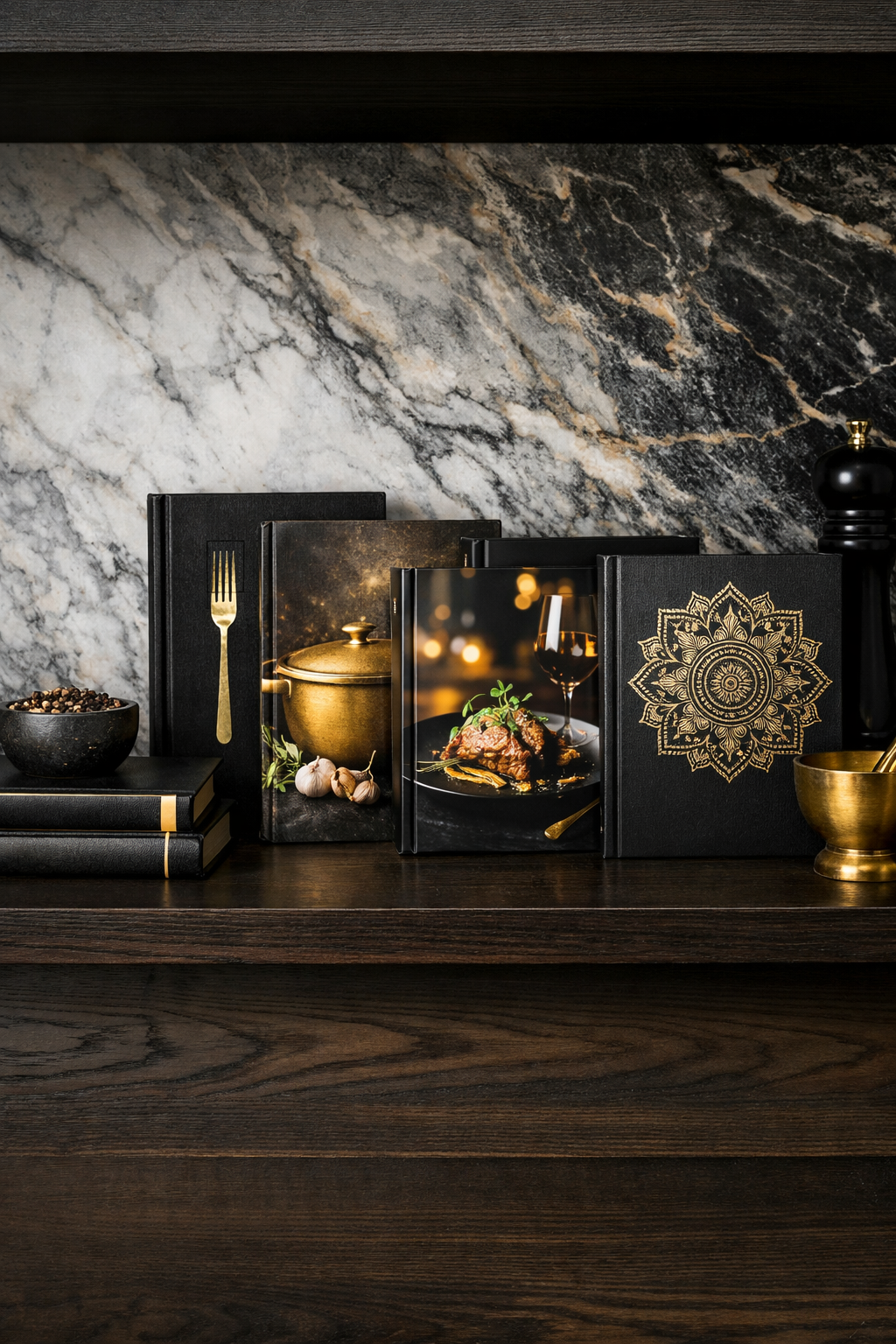 Black and gold themed cookbooks on a shelf with marble background
