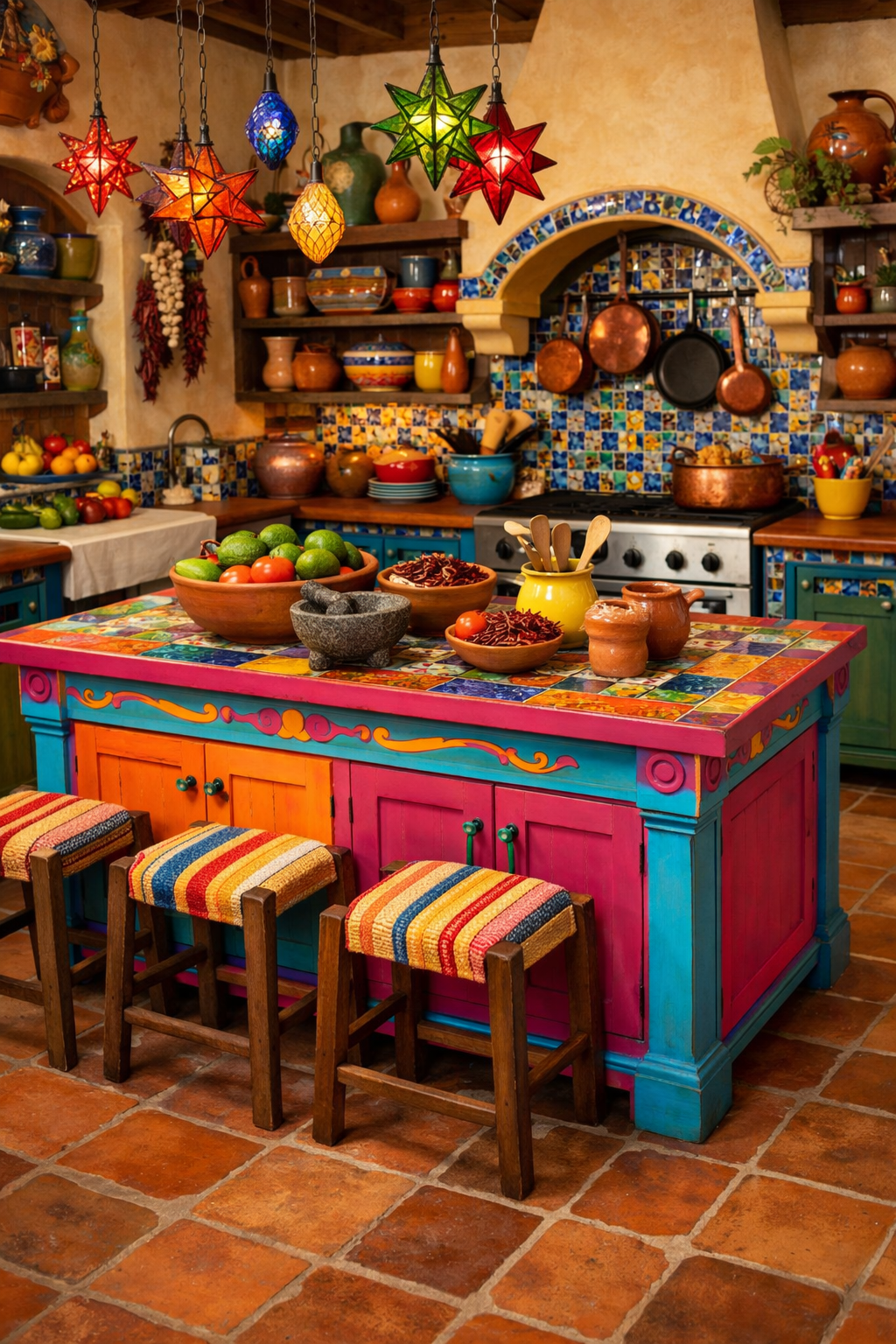A vibrant kitchen island with bold colors and decorative tiles, surrounded by rustic stools and fresh produce.