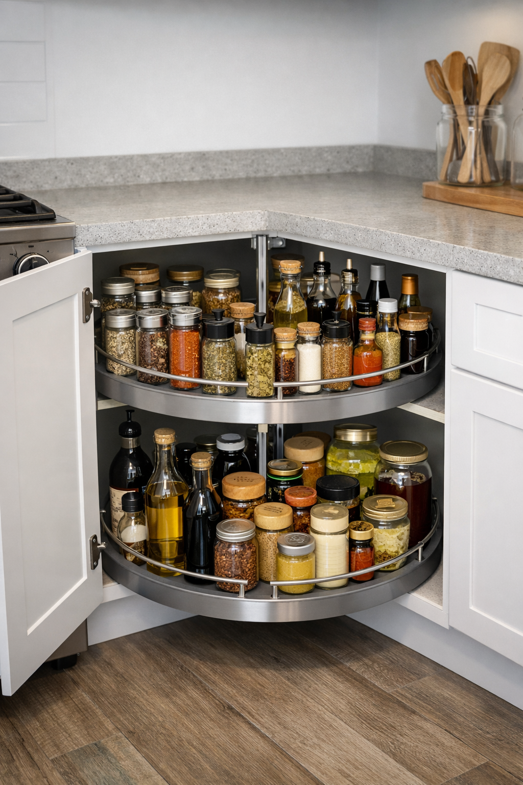 A well-organized Lazy Susan in a corner kitchen cabinet filled with various jars and bottles, showcasing easy access to condiments and spices.