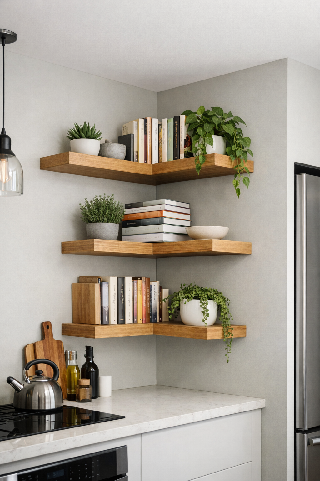 Stylish floating corner shelves in a modern kitchen, featuring plants and books.