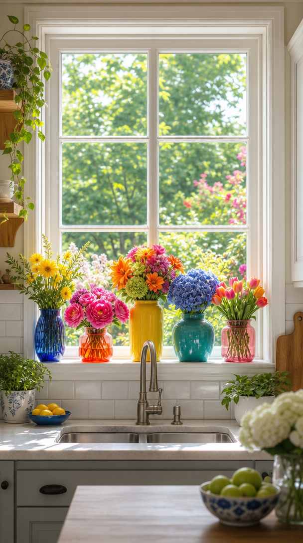A kitchen window filled with brightly colored flower vases, showcasing various flowers and vibrant vases in a cheerful setup.
