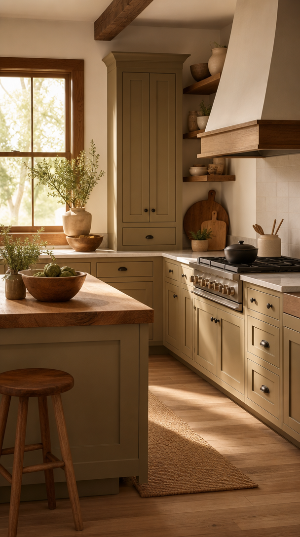 A warm and inviting kitchen with olive green cabinets and natural wood accents.