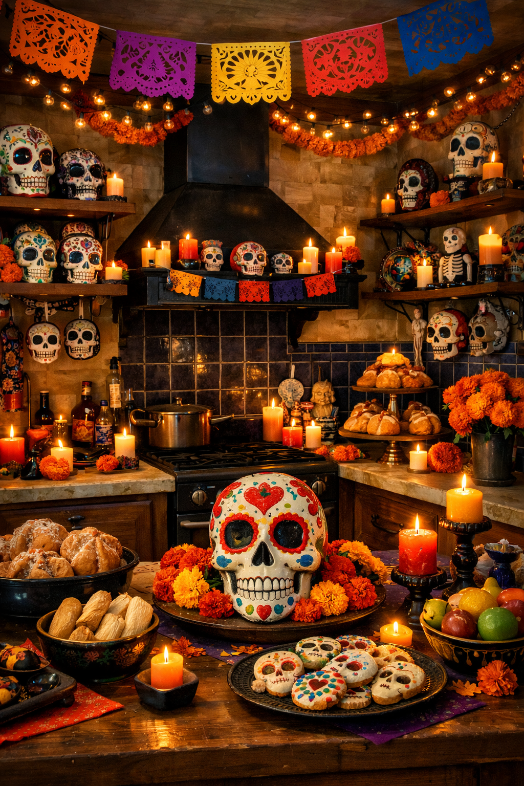 A vibrant Mexican kitchen decorated with sugar skulls, marigolds, candles, and papel picado banners, showcasing a festive Day of the Dead theme.