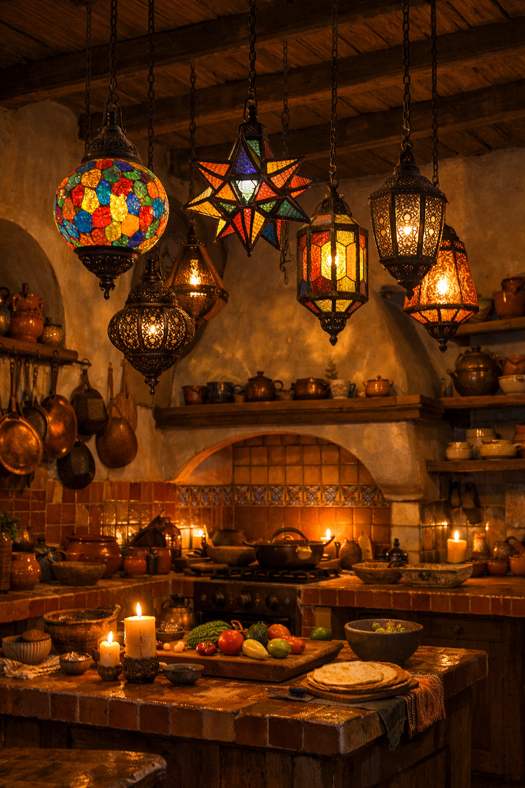 A colorful display of hanging lanterns and lighting fixtures in a cozy kitchen setting.