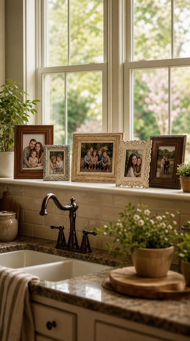 A beautifully decorated kitchen window with family photos in various frames and potted plants.