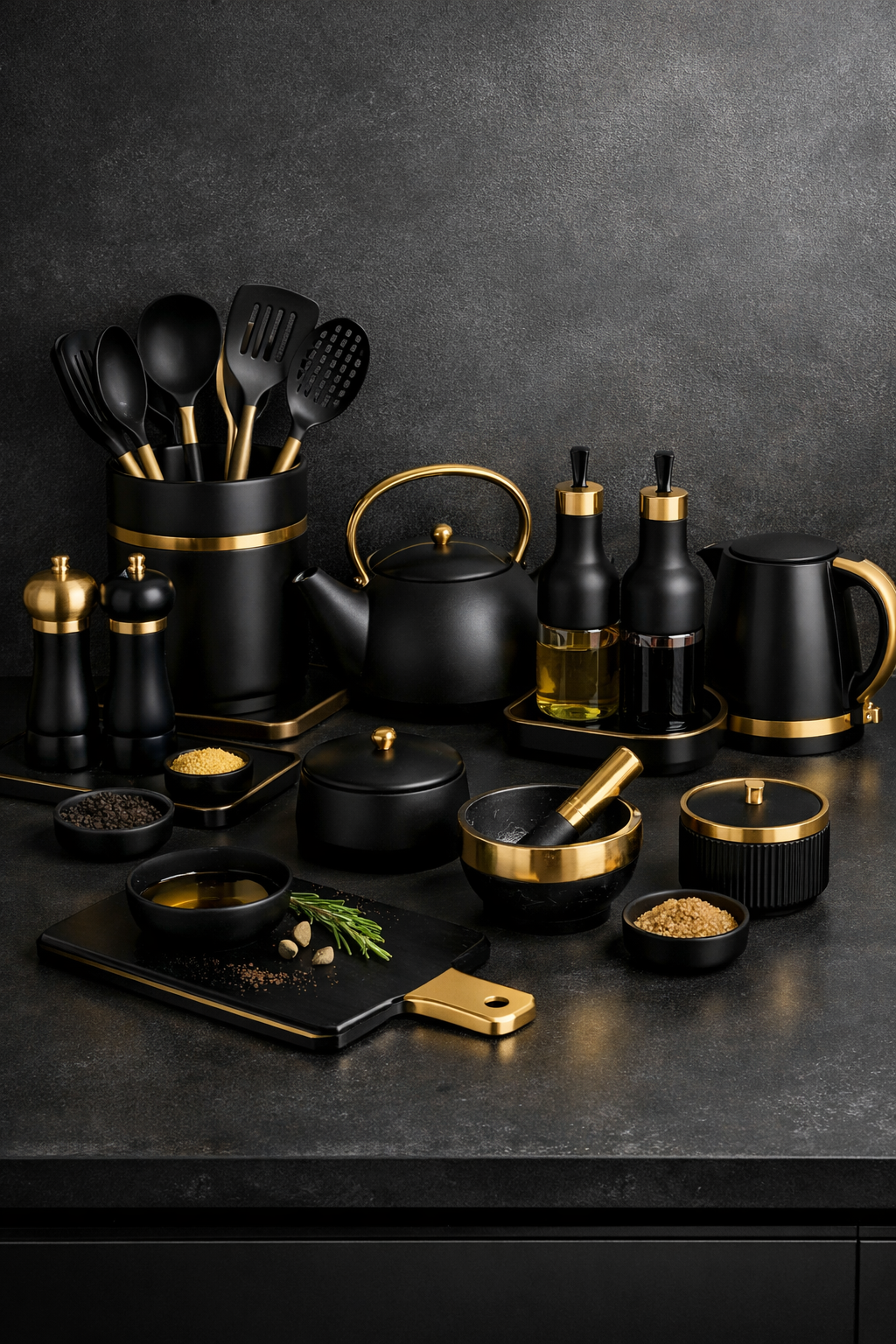 A collection of black and gold kitchen accessories including utensils, oil dispensers, and a kettle arranged on a countertop.