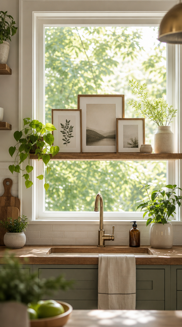 A kitchen window with inspirational quote art and greenery.