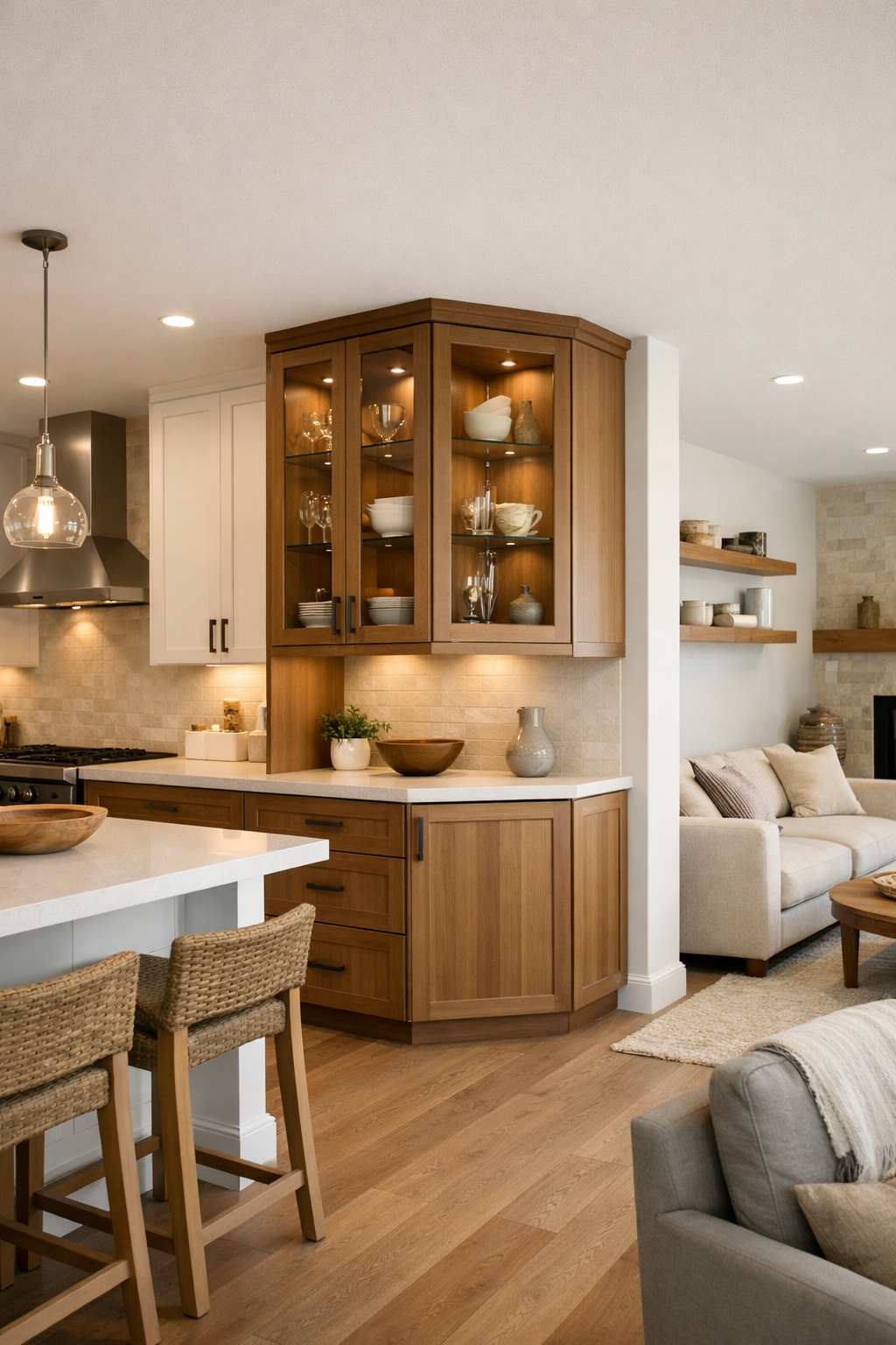 Beautiful corner kitchen cabinet with glass doors, warm wood finish, and under-cabinet lighting in an open-concept space.