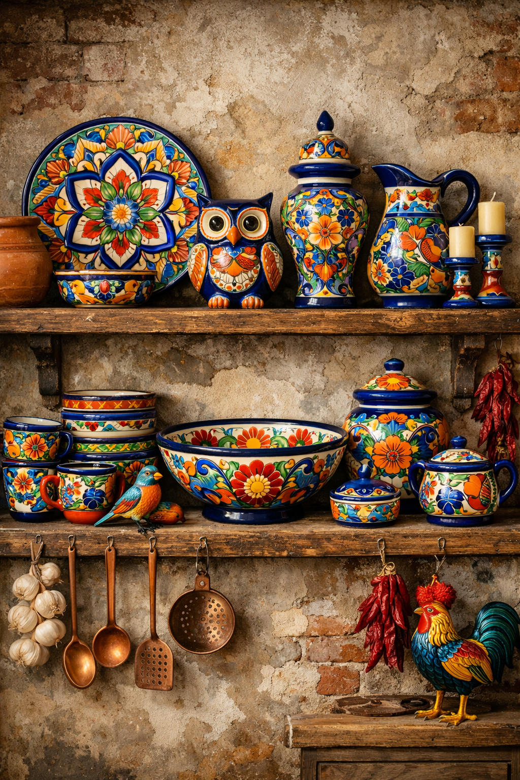 A vibrant display of Talavera pottery with colorful bowls, pitchers, and decorative items on wooden shelves.