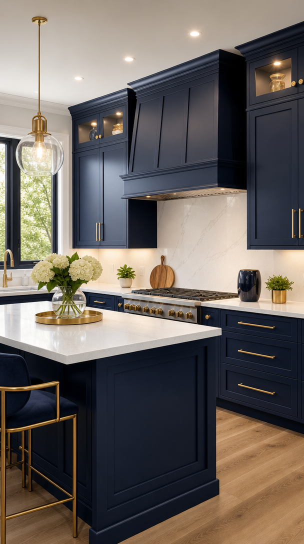 Modern kitchen featuring bold navy blue cabinets with gold accents and white countertops.