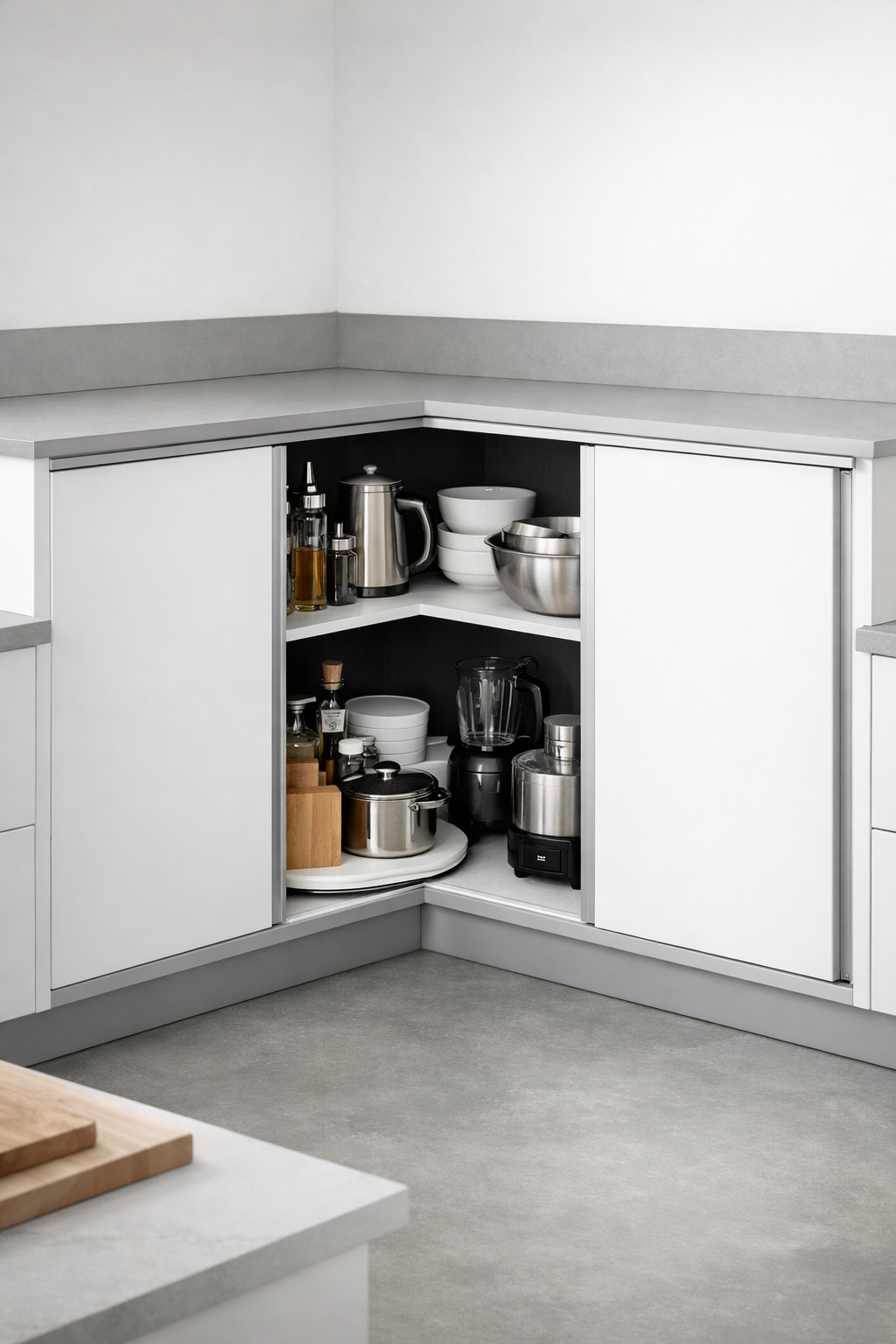 Modern corner kitchen cabinet with sliding doors showcasing organized kitchen essentials.