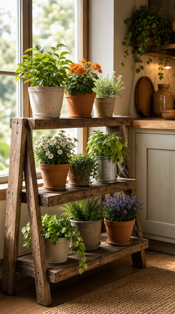 Rustic wooden plant stand displaying various potted plants by a kitchen window