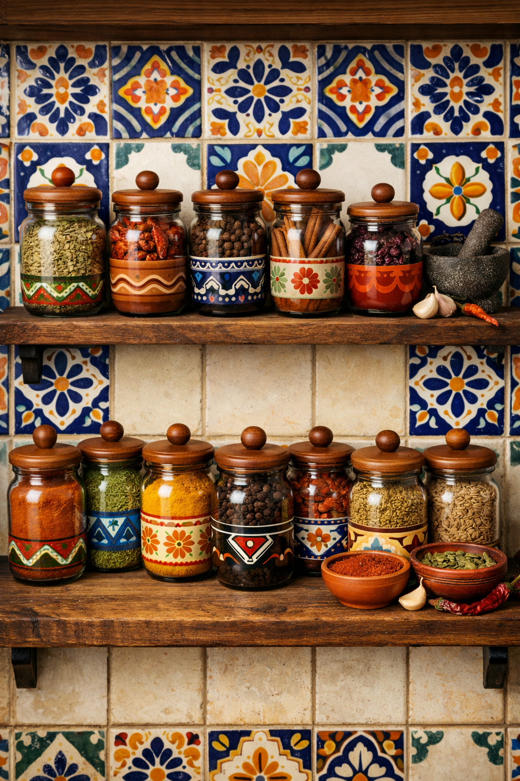 A colorful display of spice jars on wooden shelves in a Mexican kitchen setting.