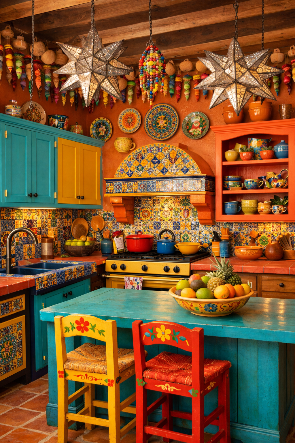 Colorful Mexican kitchen with teal and yellow cabinets.