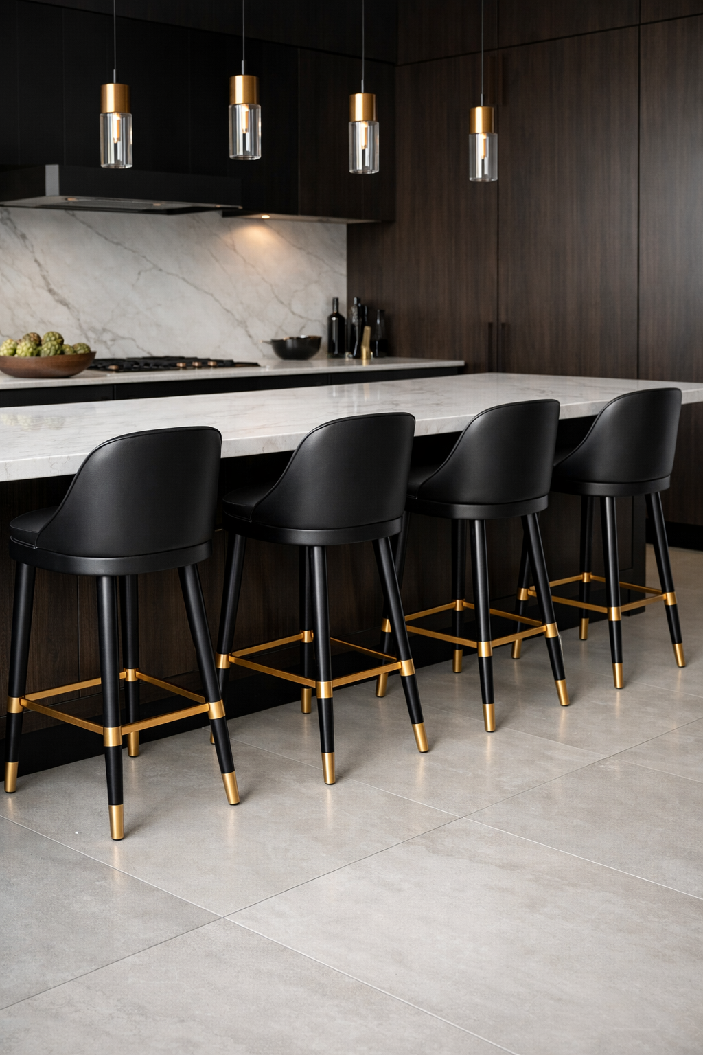 Stylish black bar stools with gold accents in a modern kitchen setting