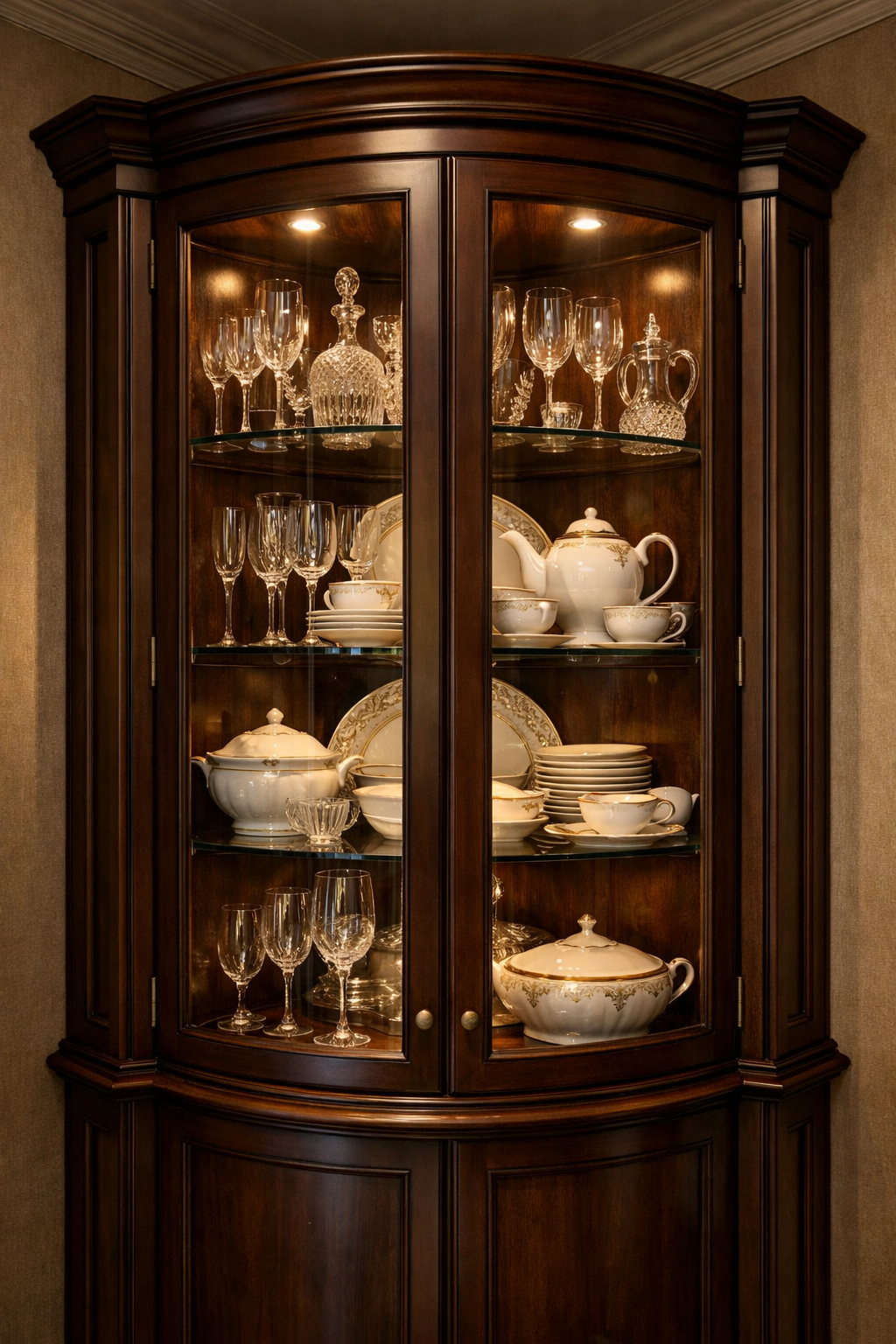 A glass-front corner cabinet displaying elegant china and glassware with soft lighting