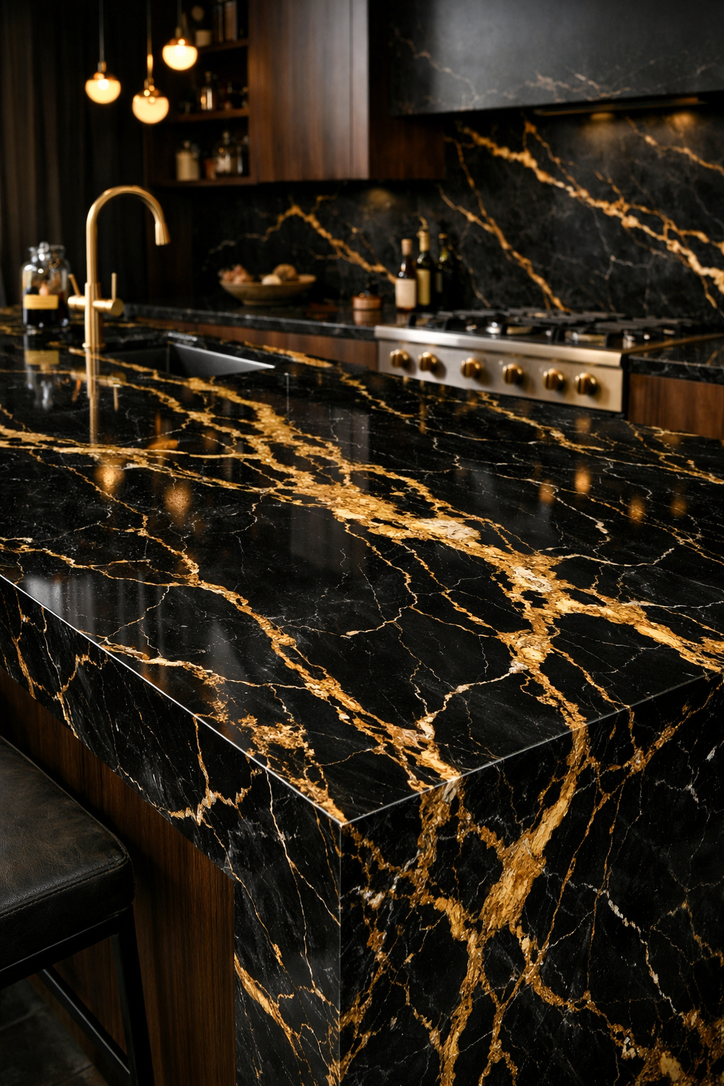 Elegant black marble countertop with gold accents in a modern kitchen.
