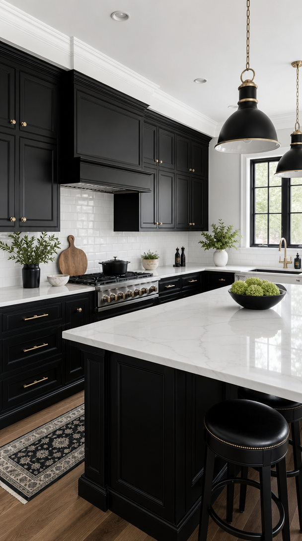 A black and white kitchen with sleek cabinetry, marble countertops, and stylish decor.