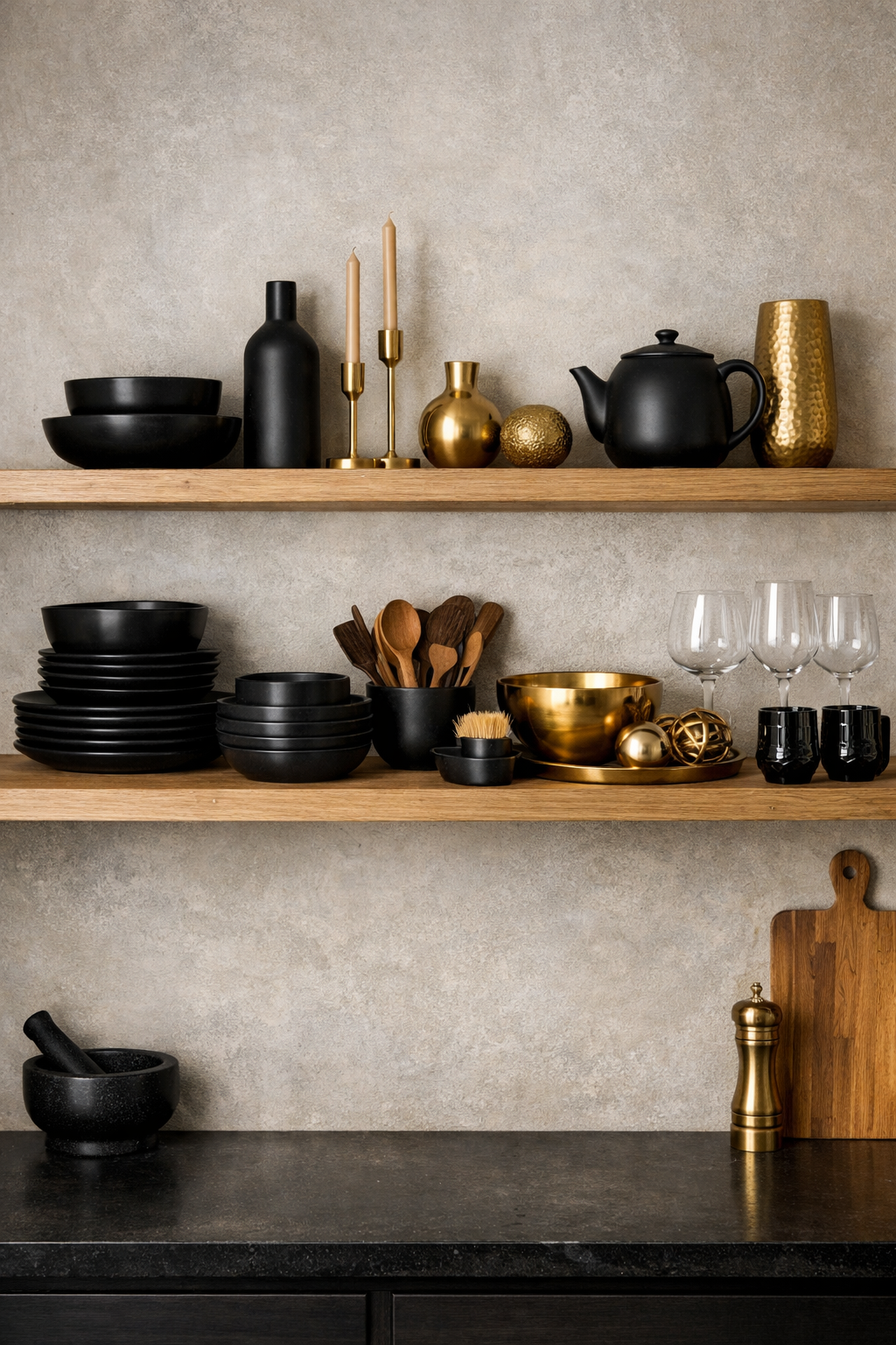 Open shelving in a kitchen featuring black bowls, gold accents, wooden shelves, and decorative items.