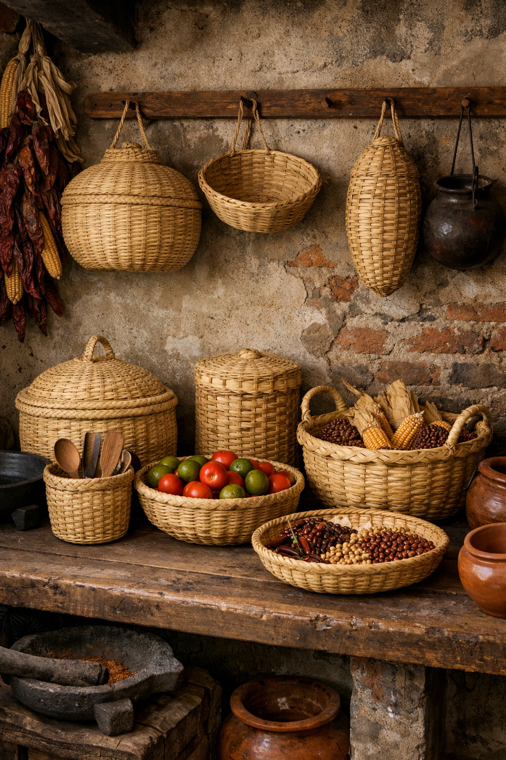 A collection of traditional woven baskets on a rustic wooden table in a Mexican kitchen
