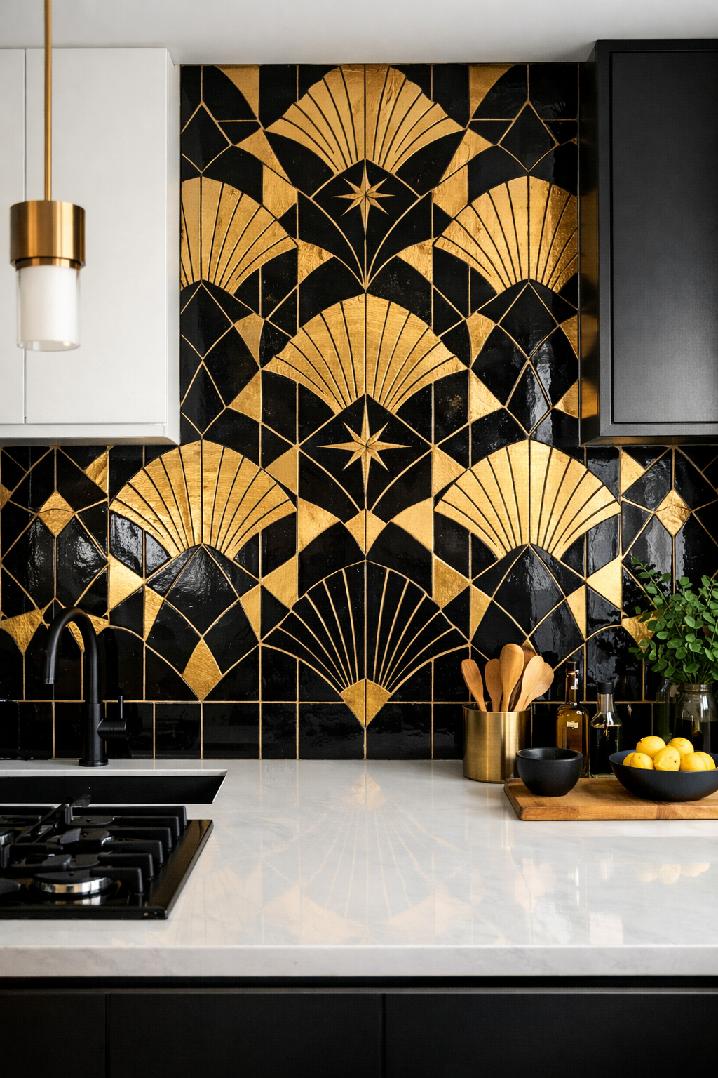 A stylish black and gold kitchen backsplash design featuring intricate patterns and shapes.