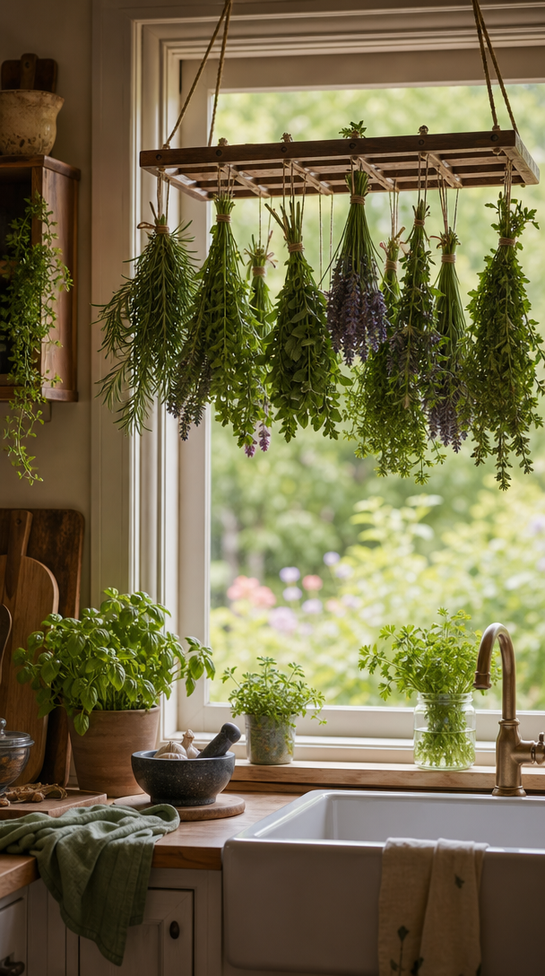 A hanging herb drying rack with various herbs like rosemary and lavender, placed by a sunny kitchen window.