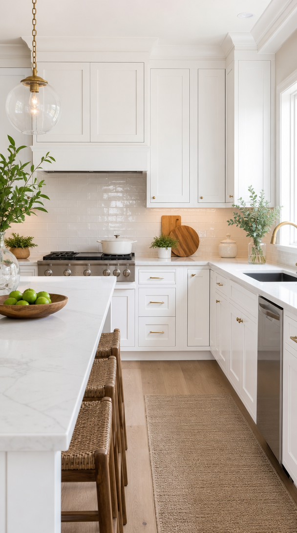 A modern kitchen featuring white shaker cabinets, golden hardware, and natural elements for a fresh look.