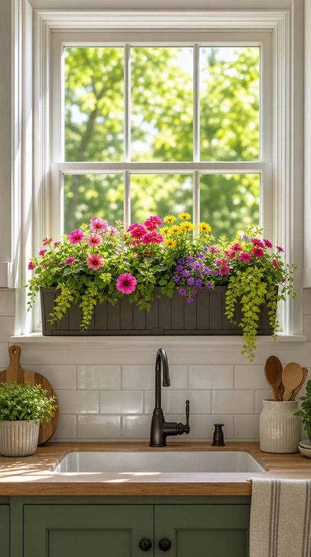 A charming kitchen window with a window box planter filled with vibrant flowers.
